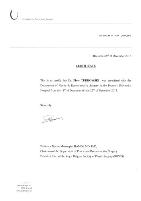 08 certyfikat staz bruksela prof moustapha hamdi Certyfikat stażu dr. Piotra Turkowskiego w klinice chirurgii plastycznej w Brukseli, grudzień 2017